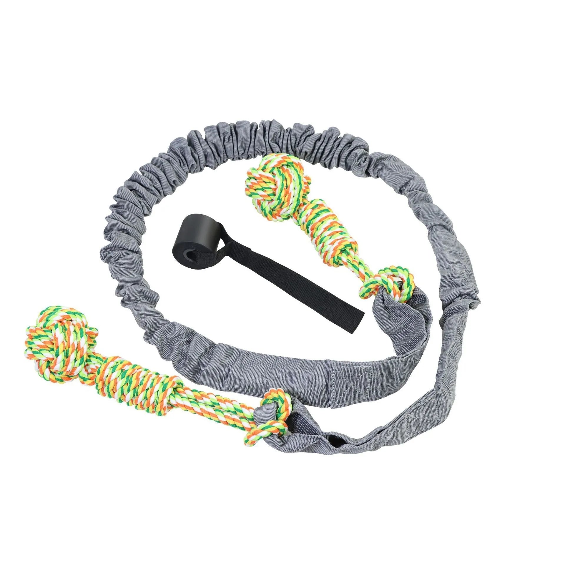 A thick woven cotton dog tug of war rope toy in red, held at both ends.