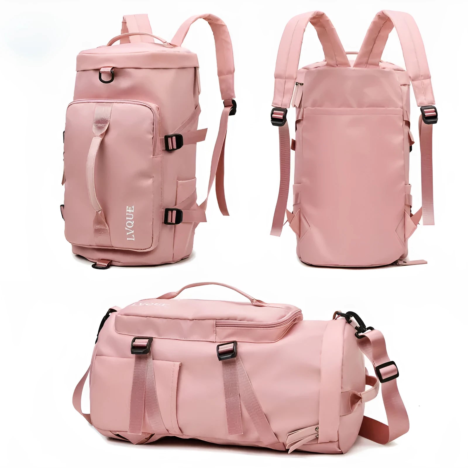 Waterproof nylon gym backpack with combination lock showing shoe compartment and multiple pockets
