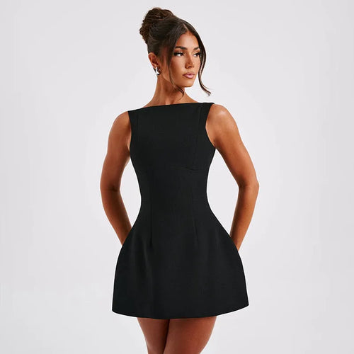 Slim-fitting backless sleeveless short dress in a sling style on a hanger.