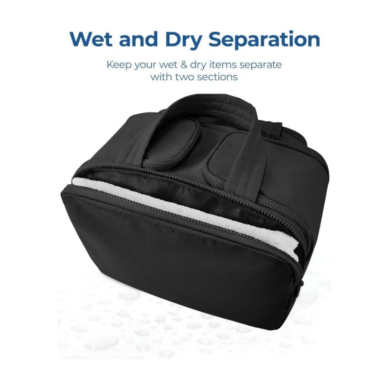 Large wide open travel toiletry bag in lightweight polyester with fluffy texture, showing interior space