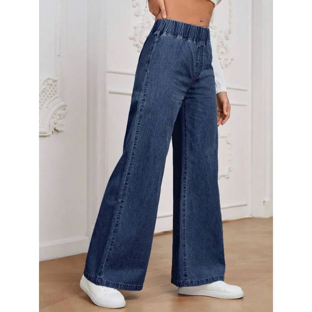 Women's light blue wide-leg denim jeans with straight cut and mid waist