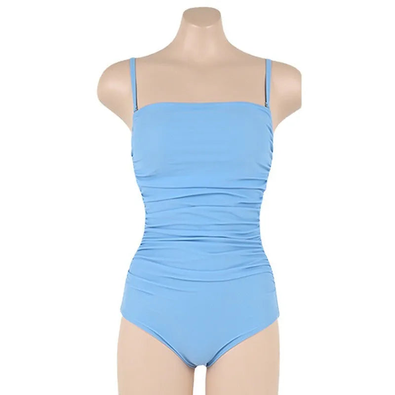 Sling style belly pleated one-piece swimsuit in blue, white, yellow, or black colours