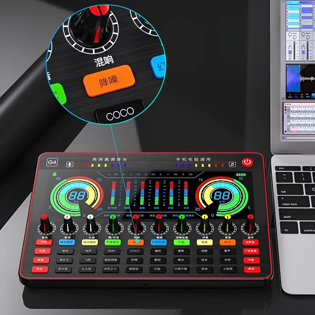 G4 professional live sound card set with LCD display, control knobs, remote, cables, and a dynamic microphone.