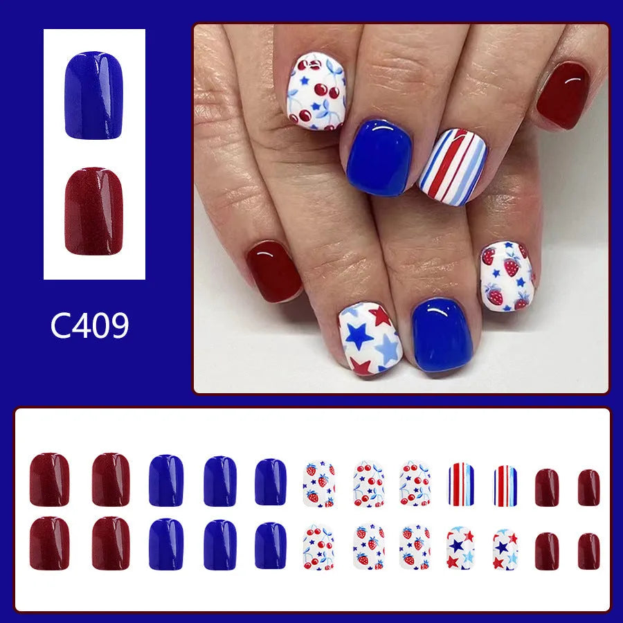 Short glossy red and blue strawberry cherry Independence Day nail stickers - 24 piece set with C409 pattern