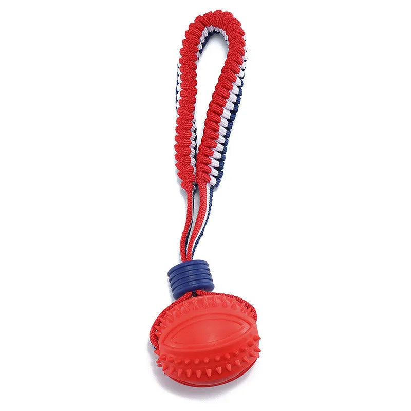 Blue dog ball with rope toy for small dogs on a white background.