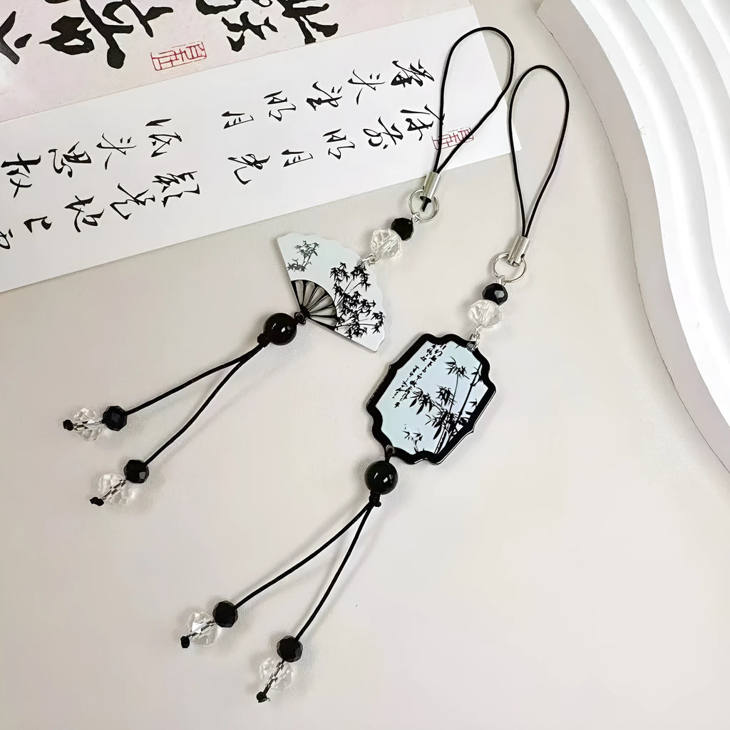 Guofeng Chinese-style bead keychain with plants and flowers pattern, Fan colour option.