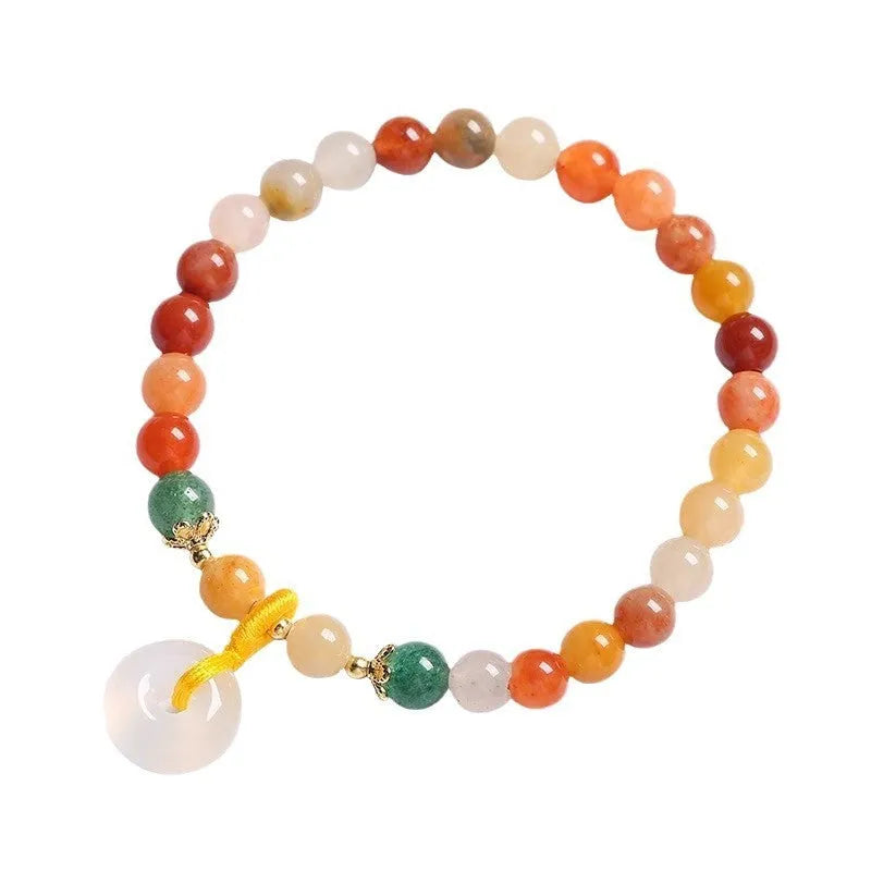 Natural jinsi jade bracelet with peace clasp showing agate and strawberry quartz beads