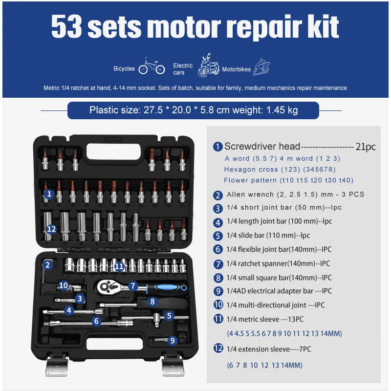 Cr-V steel socket ratchet wrench set with nickel plating in a tool case