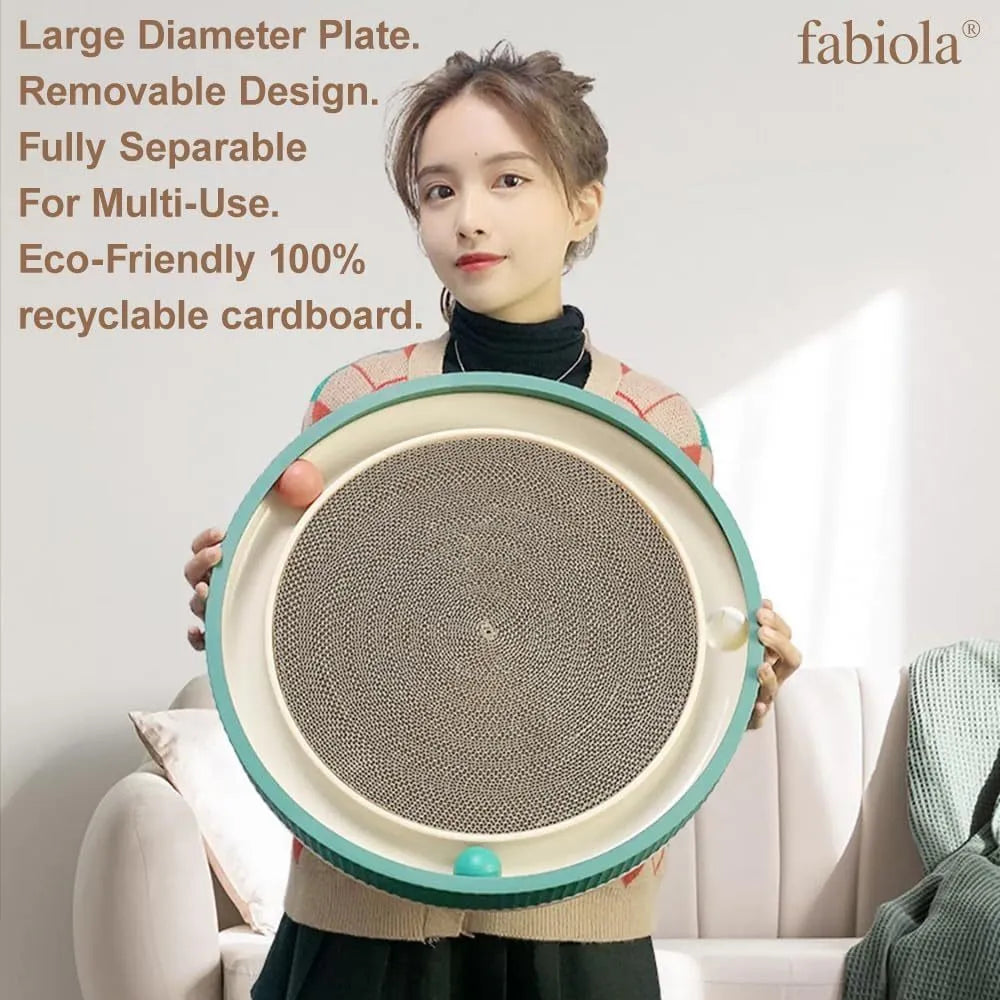 Large circular cat scratching board with integrated ball toys and replaceable cardboard core
