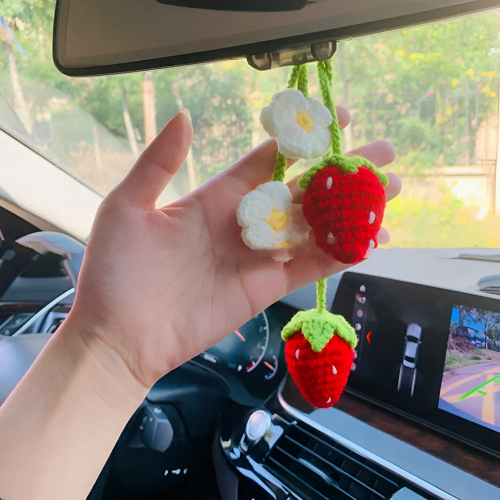 Handmade knitted strawberry shaped car hanging ornament made from cotton and hemp fibres