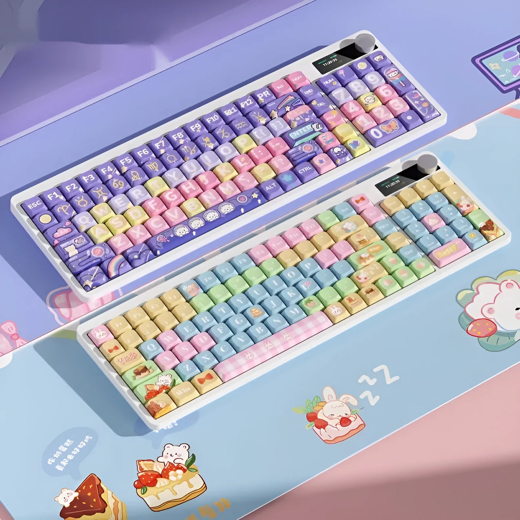 Black mechanical gaming keyboard with RGB backlighting and custom keycap designs