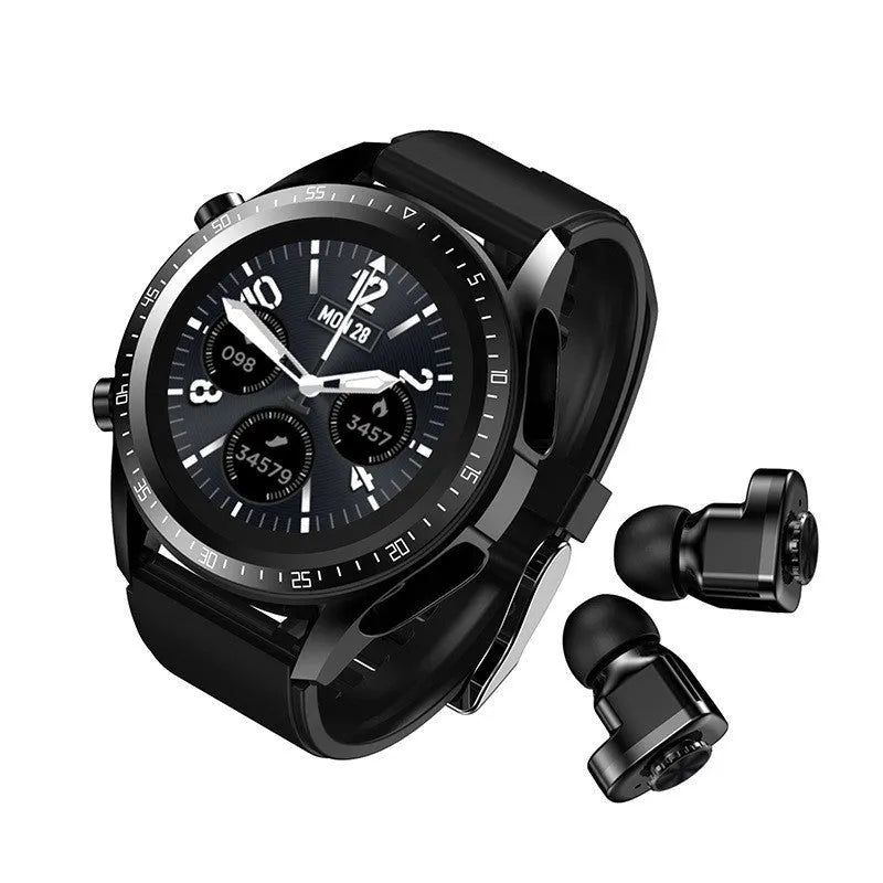 Black smart watch with silicone strap displaying blood pressure and oxygen data on a 1.28-inch screen.