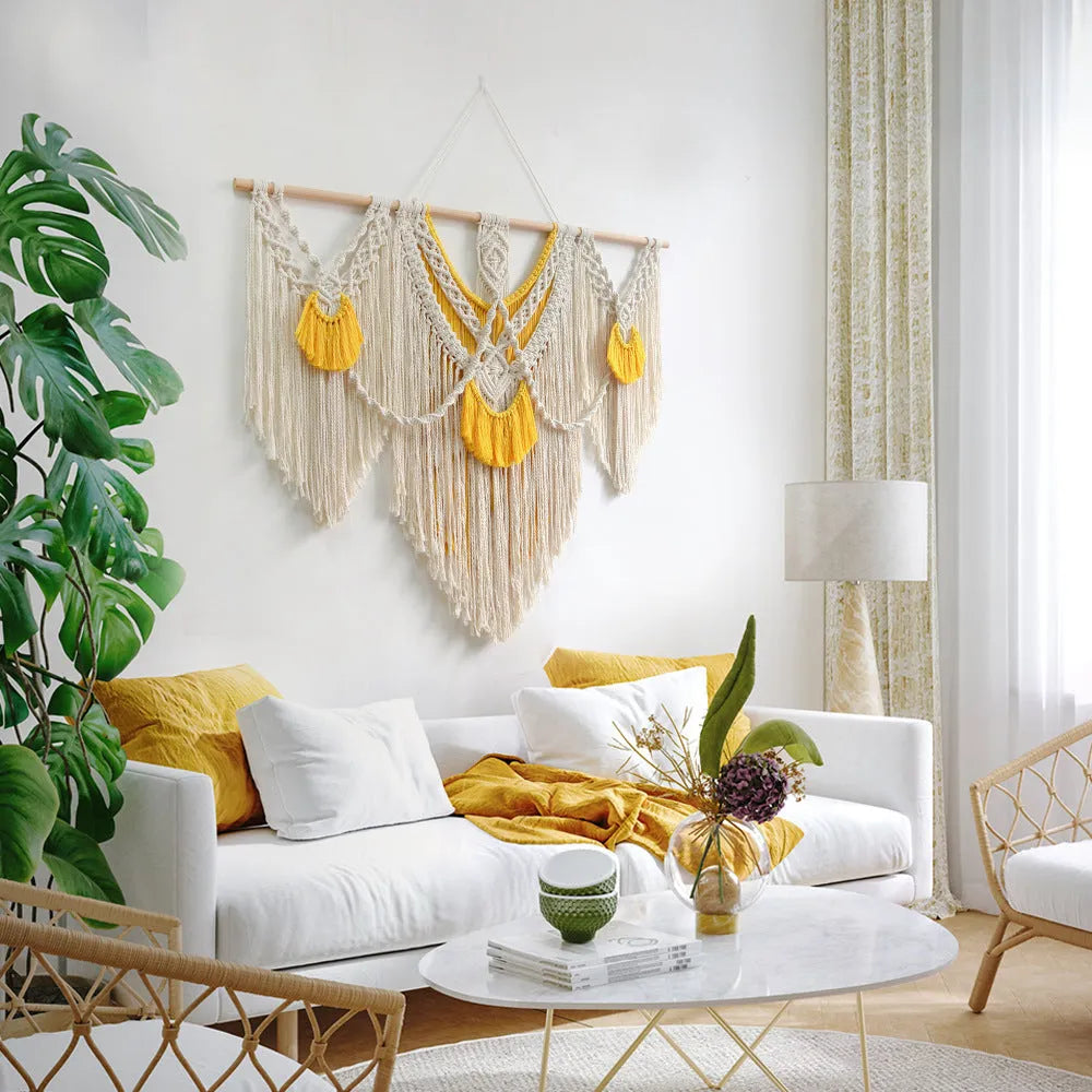 Hand-woven Nordic style cotton tapestry wall hanging 120cm by 95cm creamy white with yellow accents