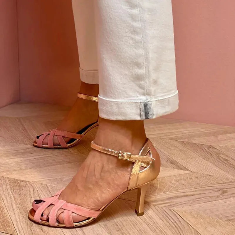 Unisex over-the-knee peep toe sandals in black, green, pink, or purple with buckle fastening.
