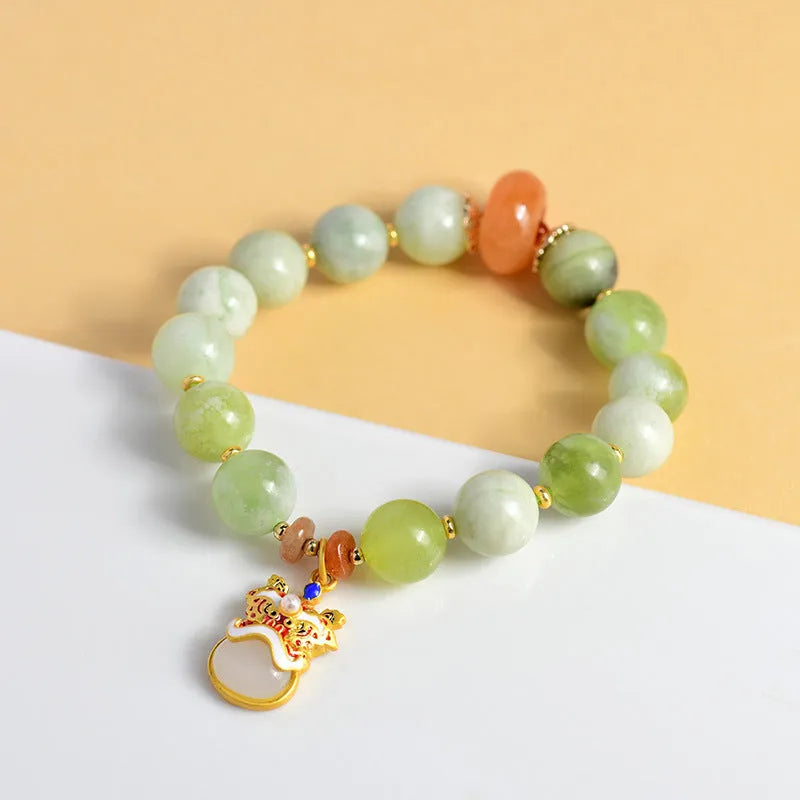 Handmade green milk-in-water jade bracelet with 10mm geometric retro beads for women.