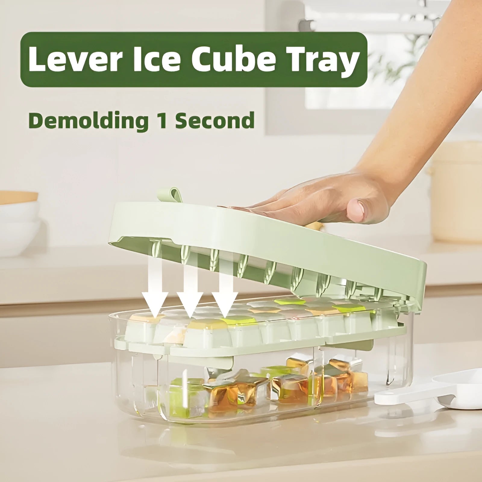 Yellow lever-operated ice cube tray grid with high capacity design and stored ice shovel.