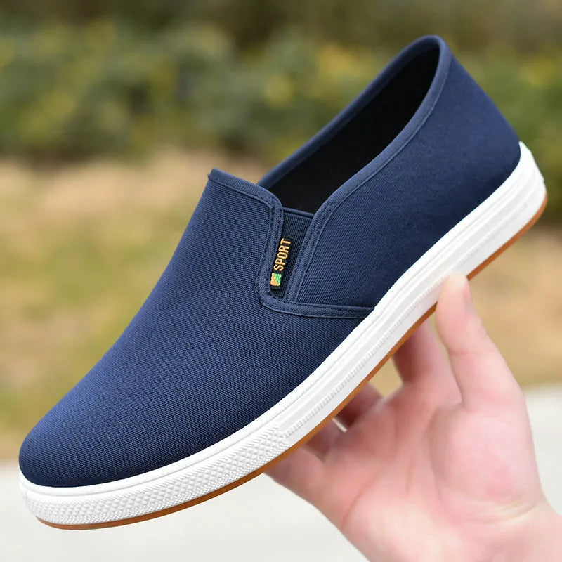 Men's low-top slip-on canvas shoes in black and blue, showing round toe and shallow cut.