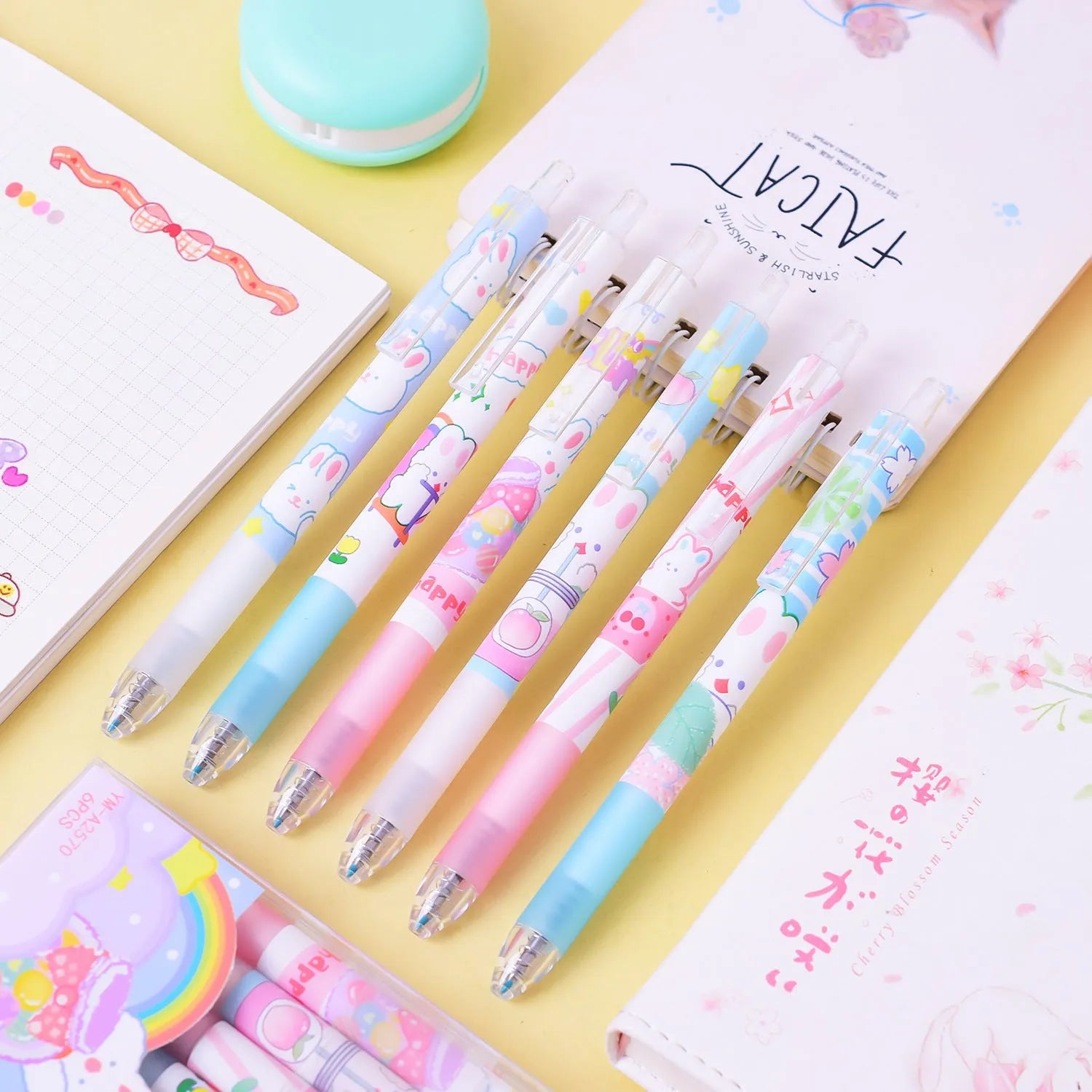 Six cartoon bunny design ballpoint pens with 0.5mm points and black ink