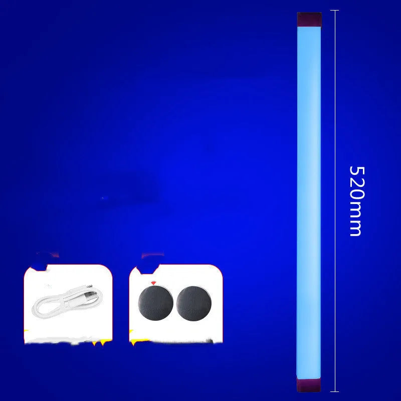 Blue and purple rechargeable dimmable LED tube stick light in 32cm length on a dark surface.