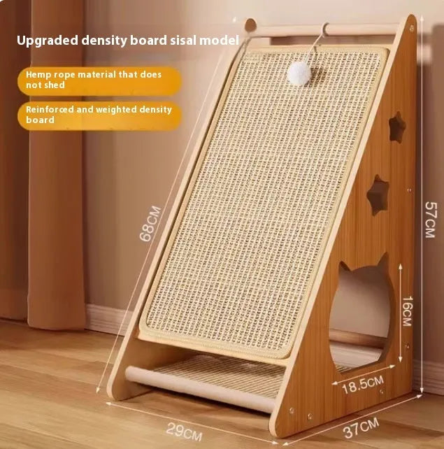 Vertical sisal cat scratch board with wall mounting and cat teasing ball design