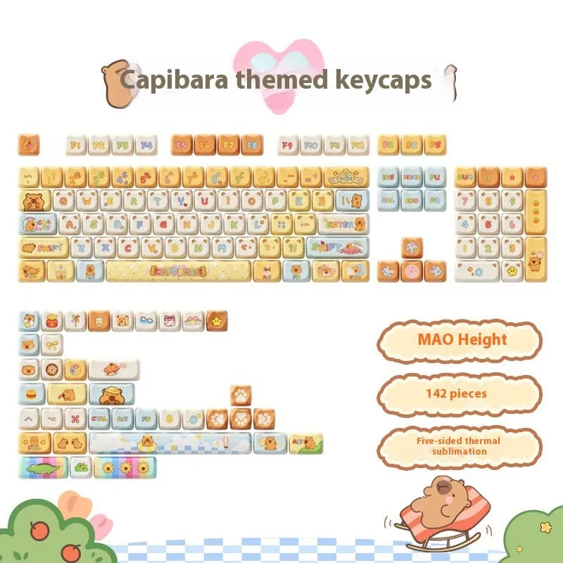 Sublimation printed cartoon pig party themed keycap set for mechanical keyboard, showing full 138-key layout.