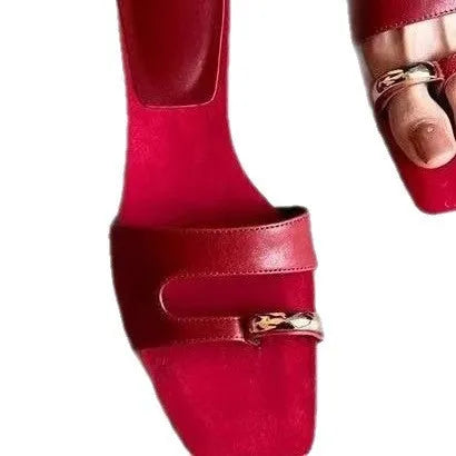 Plus size square head leather slippers with rubber sole in black, red, silver, or white colours