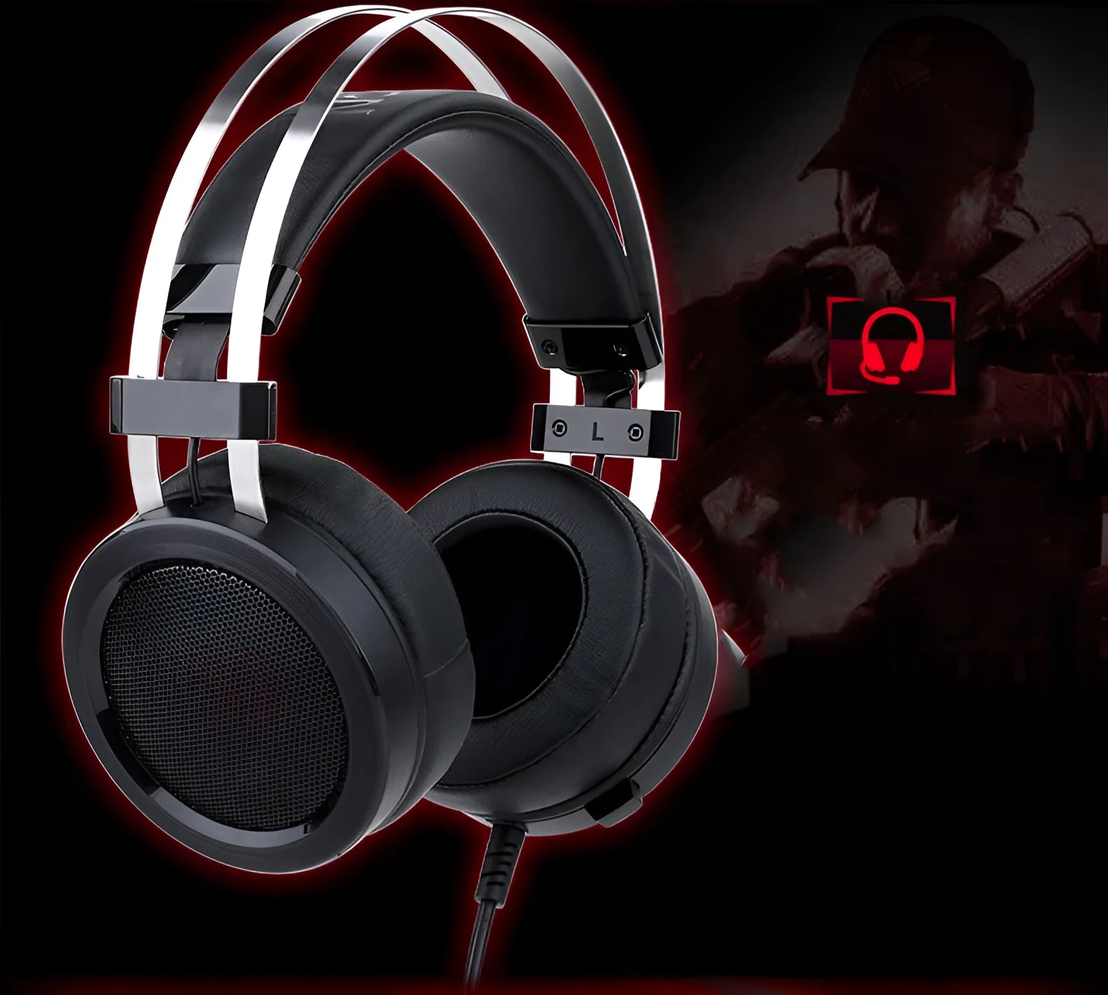 Black wired computer gaming headset with 2 metre cable and 3.5mm connector