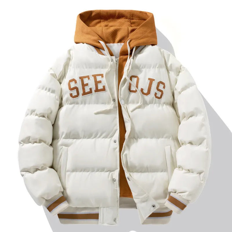 Fashion letter hooded winter coat in solid colour with zipper for men and teenagers