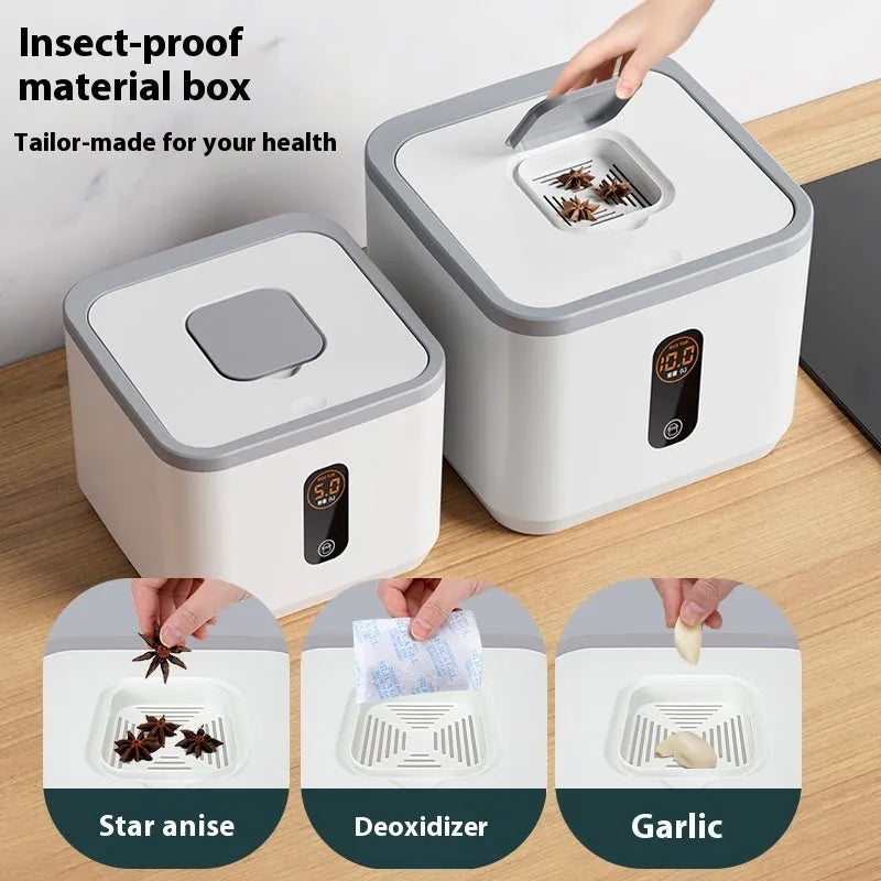 Grey plastic sealed rice storage jar with measuring cup in 10kg, 20kg, or 30kg capacity.