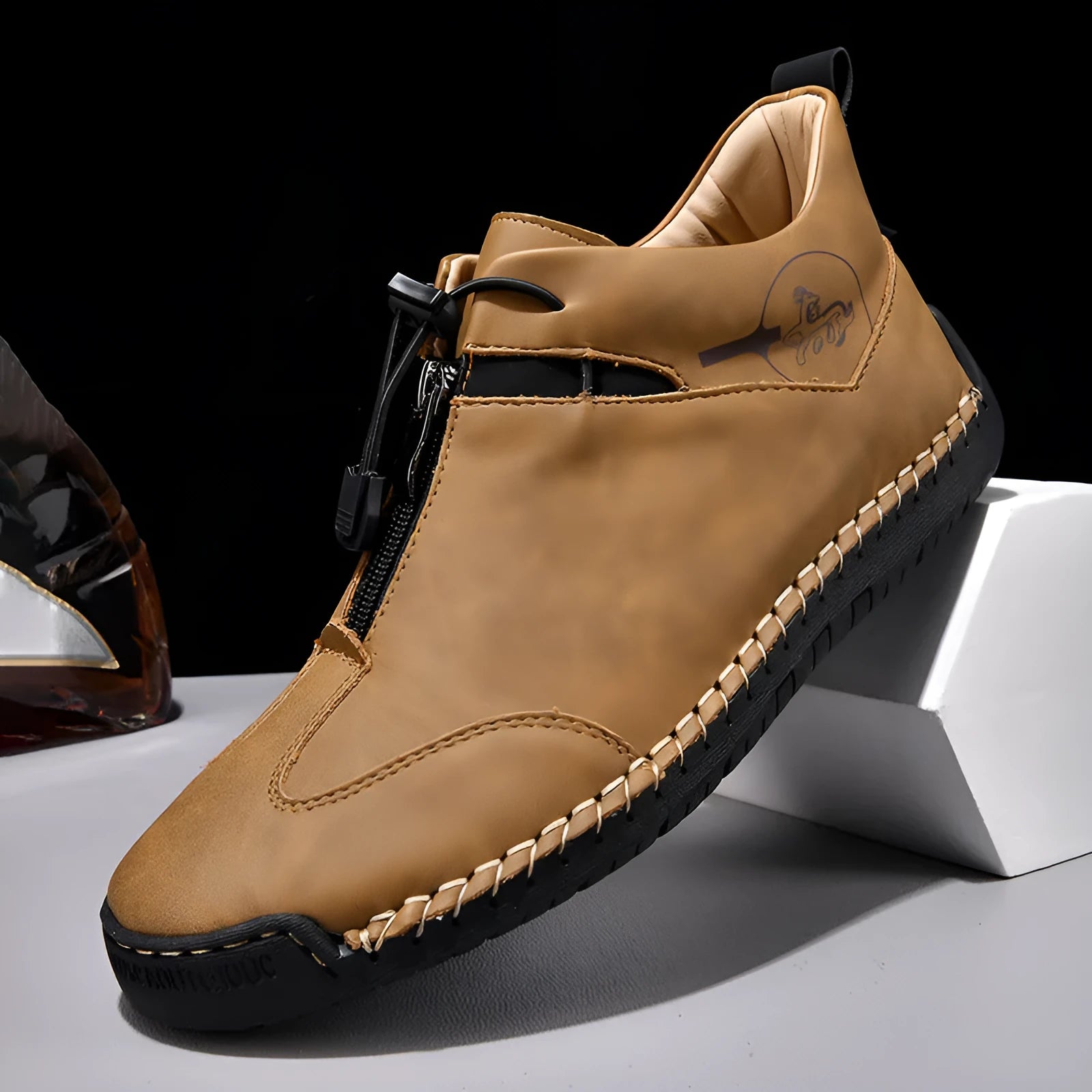 Men's casual leather shoes with mid heel and tall crown in black blue green khaki colours