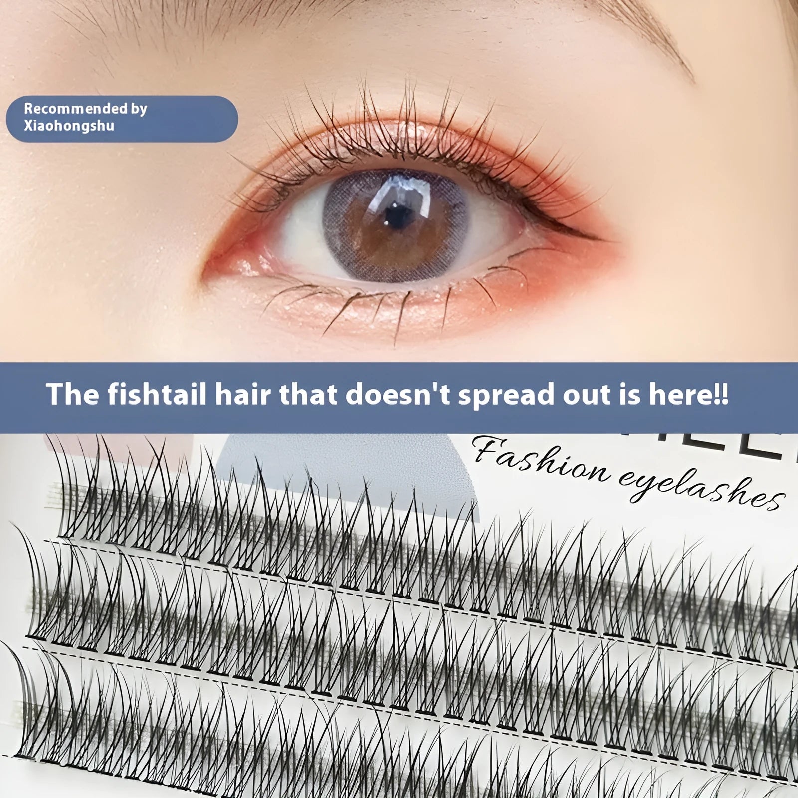 Black V-shaped fairy fishtail false eyelashes with thick segments on a clear background.