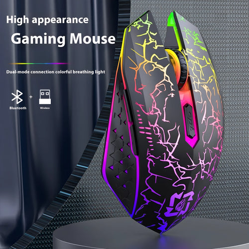 Black wireless gaming mouse with luminous breathing light effects on desktop with charging cable