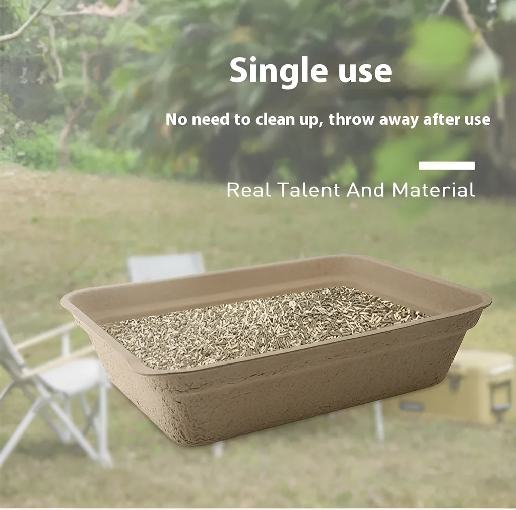 Brown disposable biodegradable cat litter box showing three size options with waterproof liner