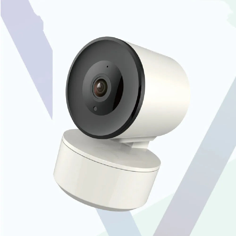 Indoor smart Wi‑Fi security camera with 1080P resolution and pan‑tilt‑zoom on a desktop.