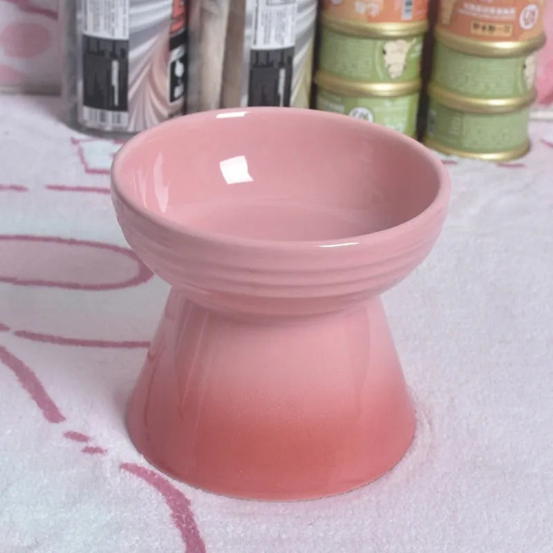 Black ceramic pet bowl with high foot and neck design for anti-tumble feeding