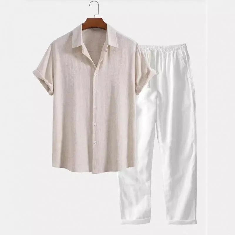 Men's casual linen-style shirt and trousers suit in multiple colour options with loose short sleeve design