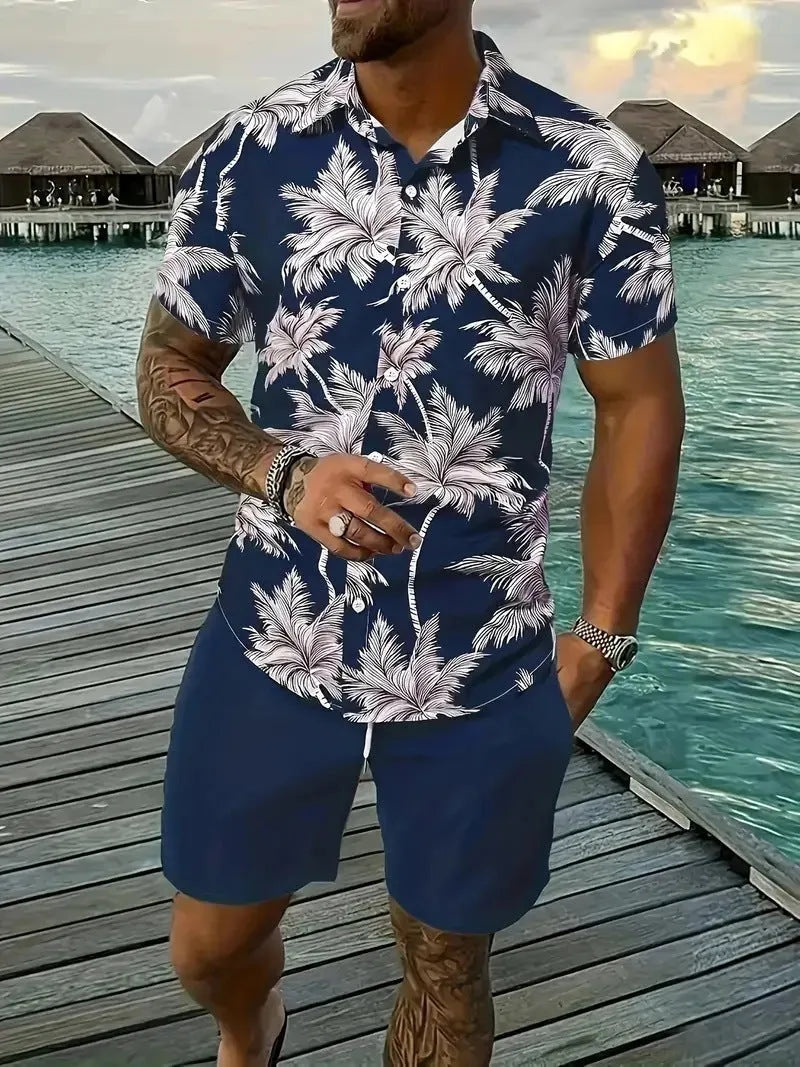 Man wearing a short sleeve Hawaiian print shirt and matching shorts, a casual polyester suit set.