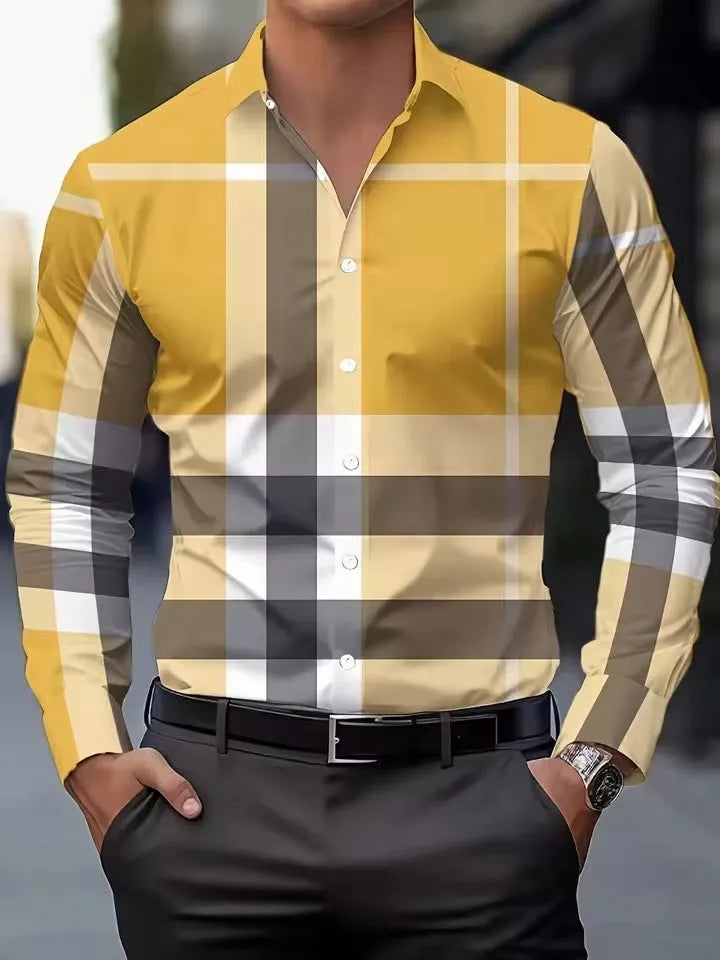 Men's striped button-up shirt with lapel collar in polyester fabric showing button details and sleeve construction
