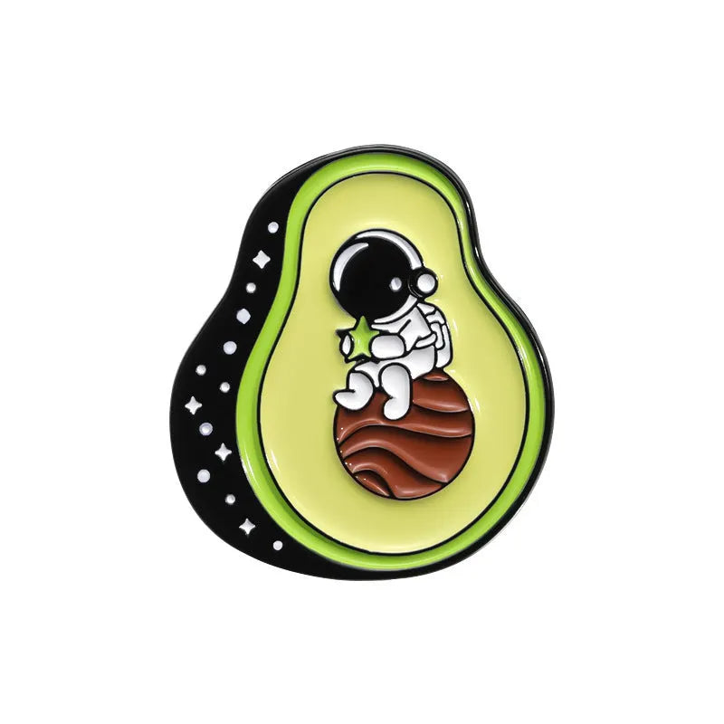 Colourful cartoon fruit design metal brooch with letters on a zinc alloy pin.
