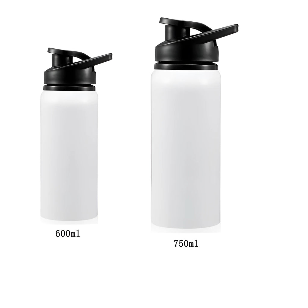 White aluminium sports water bottle for cycling and outdoor activities in 600ml and 750ml sizes