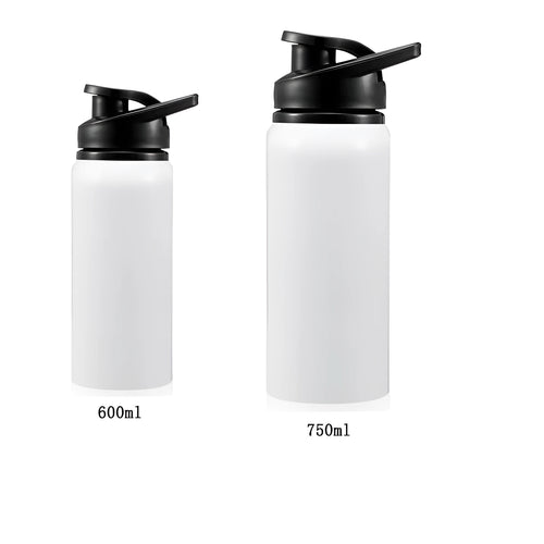 White aluminium sports water bottle for cycling and outdoor activities in 600ml and 750ml sizes