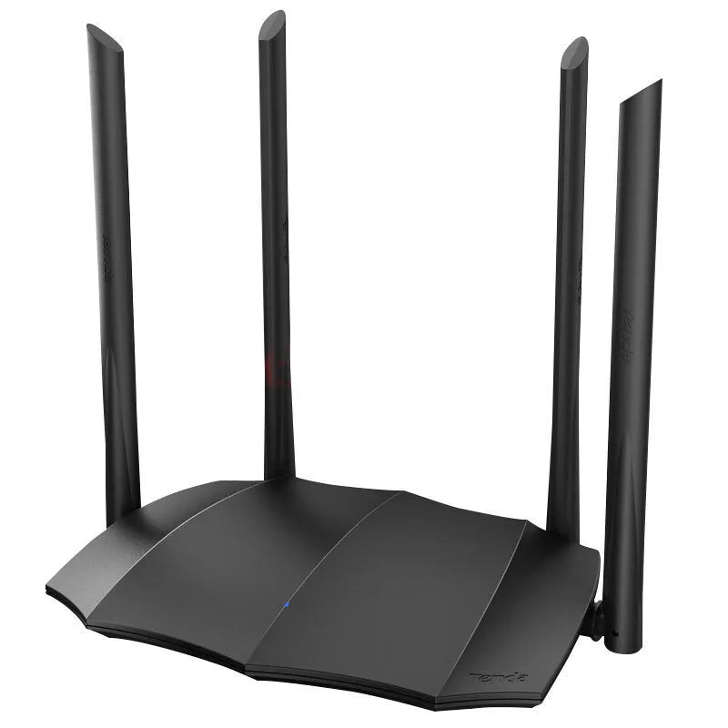 AC8 dual-band Gigabit wireless router with three LAN ports on a desk.