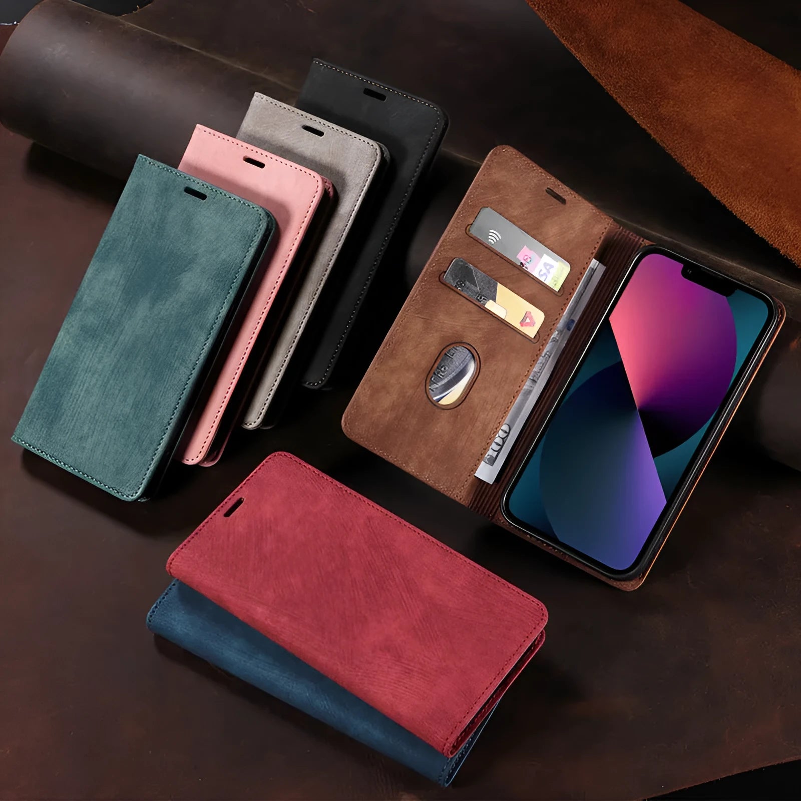 Magnetic flip leather phone case for iPhone in various solid colours, shown open and closed.
