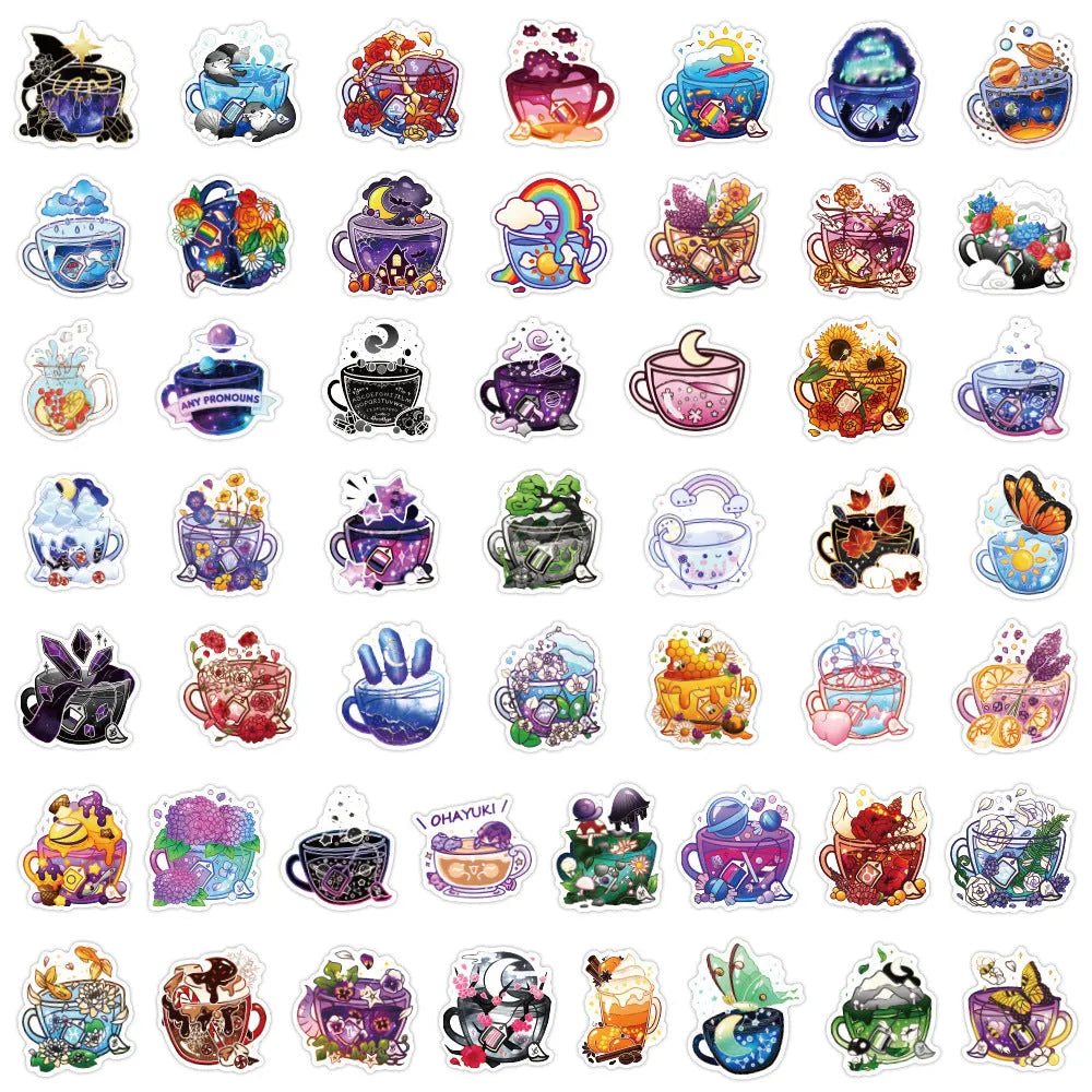 Colourful tea cup graffiti waterproof stickers in Nordic style, 50-piece pack for sports equipment and luggage