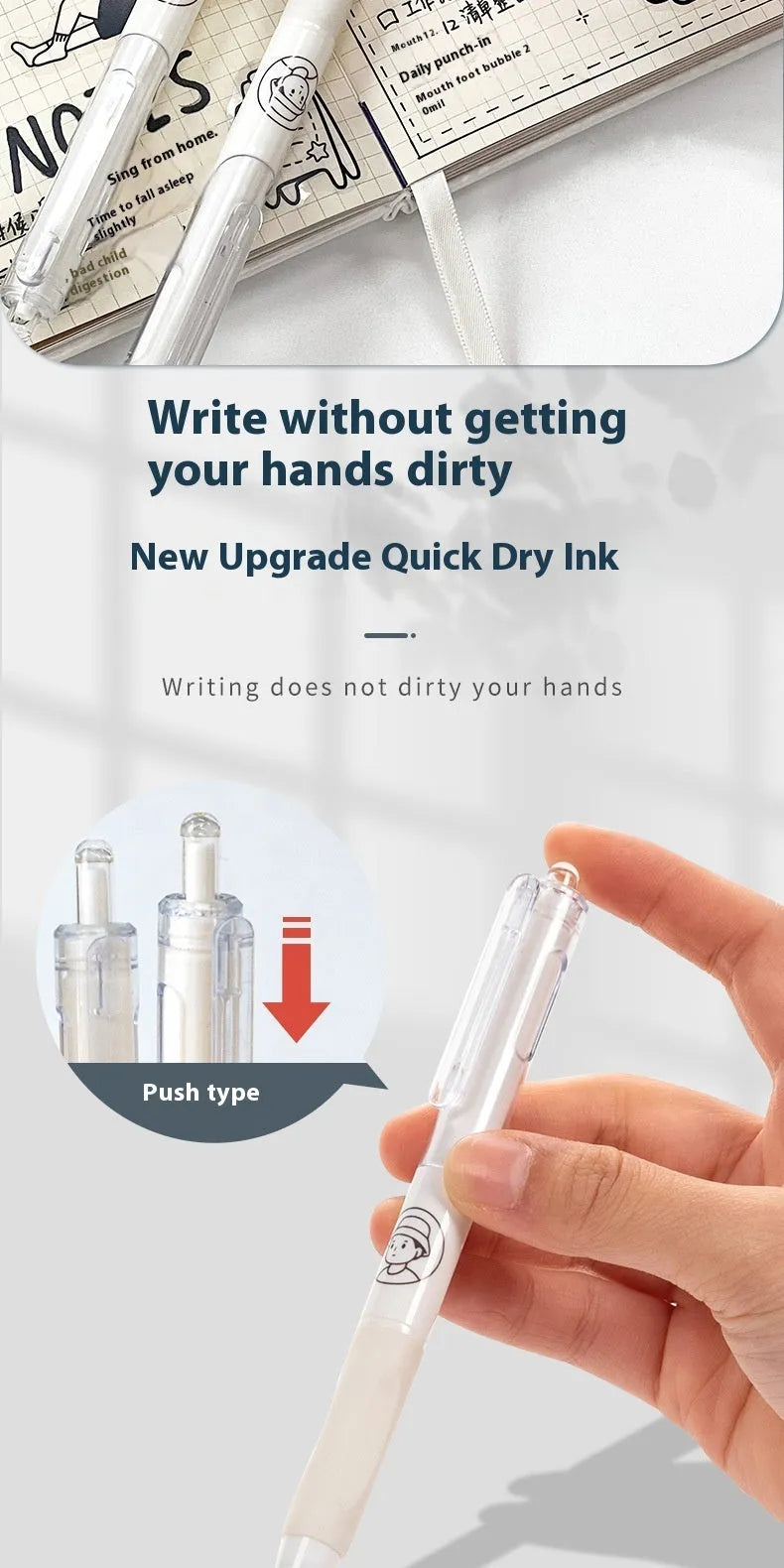 Five white ballpoint pens with 0.5mm tips and black ink