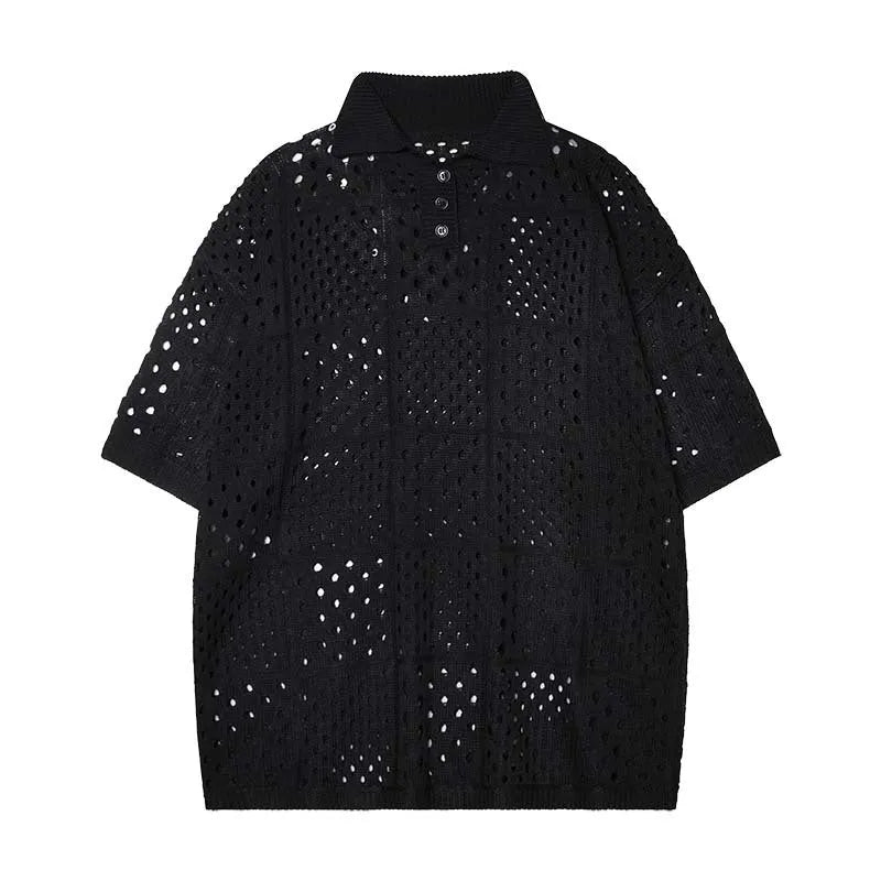 Solid black loose-fit knitted short-sleeved polo shirt for teenagers on a hanger.