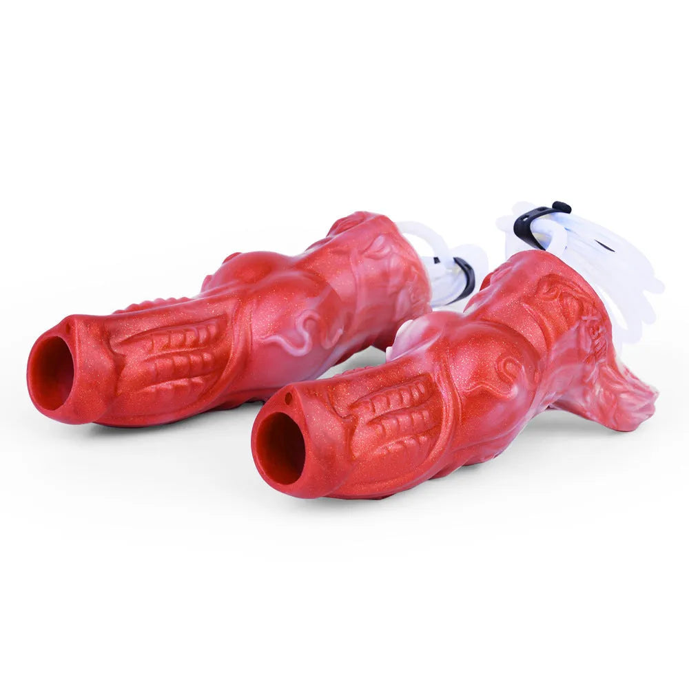 Water spray silicone exotic condom toy with syringe airbag system shown in M and L size options