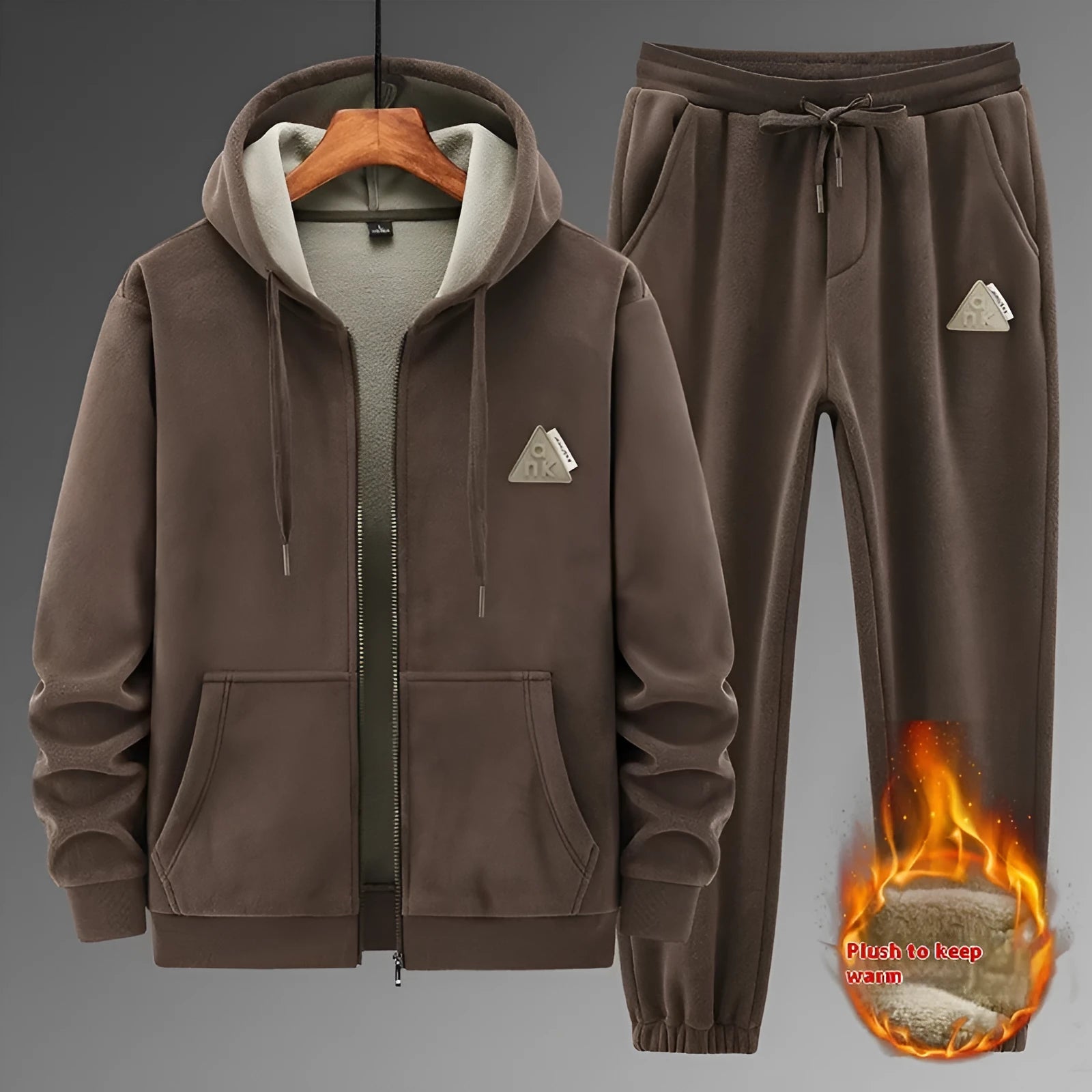 Grey hooded cashmere sweater and cotton trousers casual sports suit on hanger
