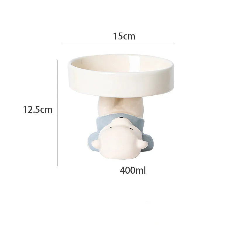 Ceramic raised pet bowl in animal design, showing wide 15cm opening and 4.92-inch elevation.