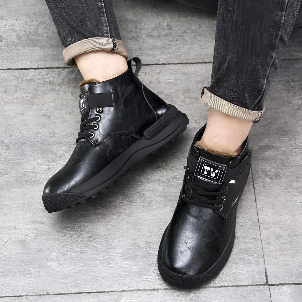 Men's black high-top platform Martin boots with velvet PU upper and rubber sole